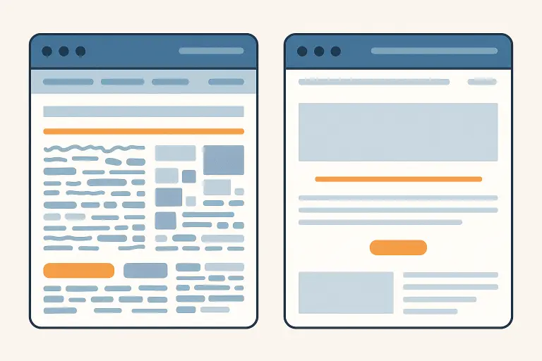 Side-by-side comparison of a cluttered, hard-to-read website and a clean, minimalistic website layout, showing improved user experience