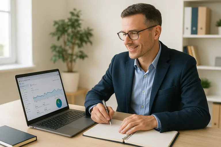 An Oakville business owner sitting at a desk reviewing website analytics and planning improvements, conveying action-oriented tips