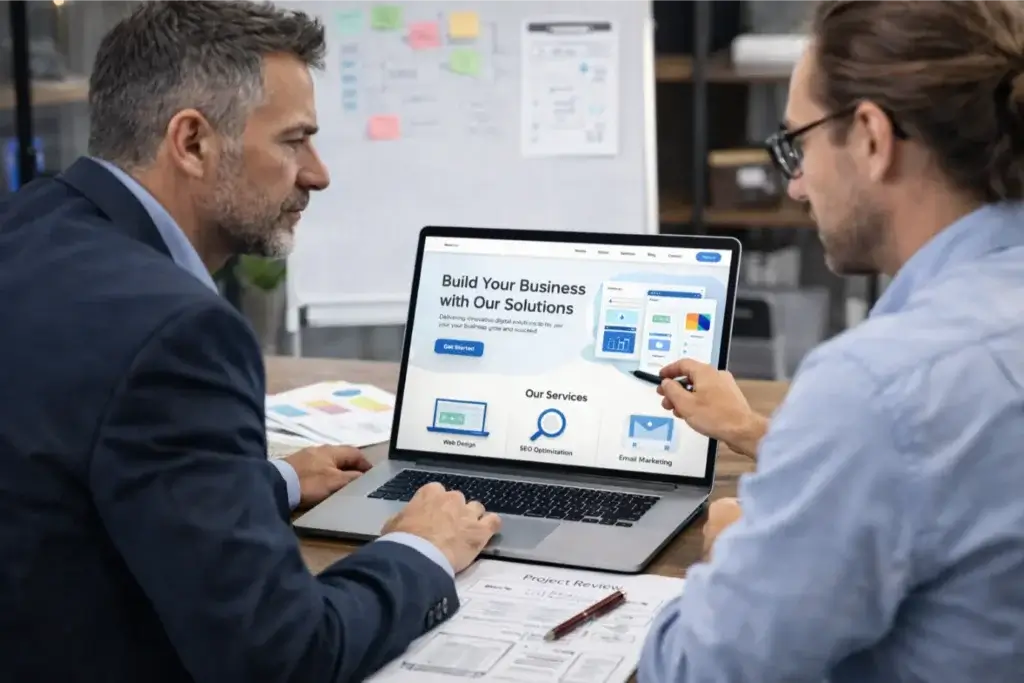 Discussing web design solutions on laptop