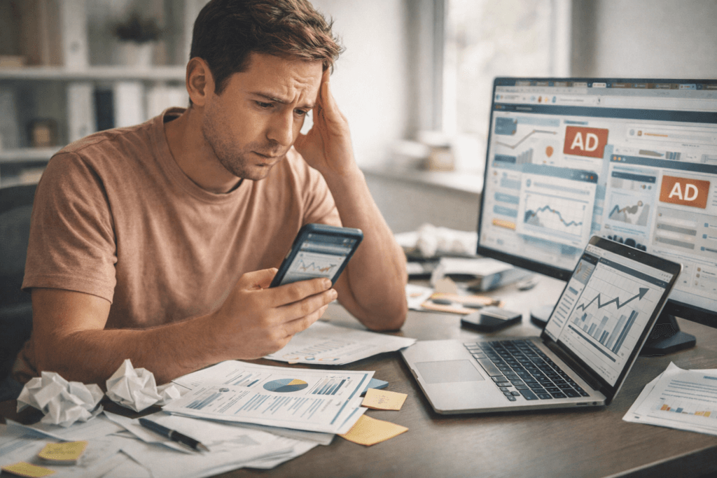 Business owner reviewing declining website analytics on desktop screen, confused about digital marketing results in Oakville office.