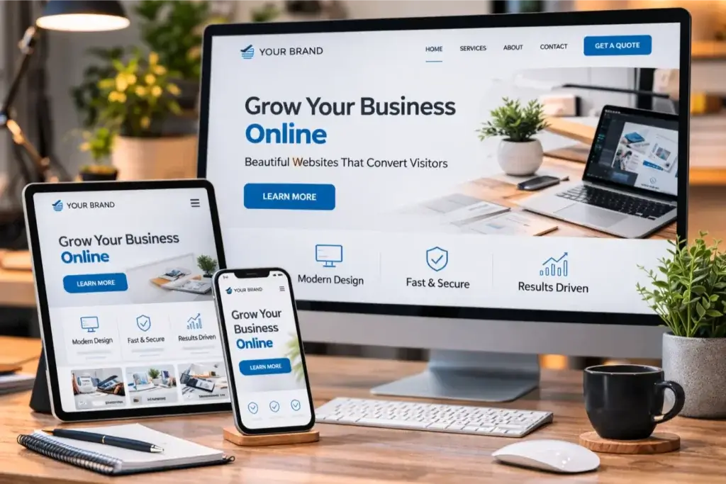 Devices displaying a business website design