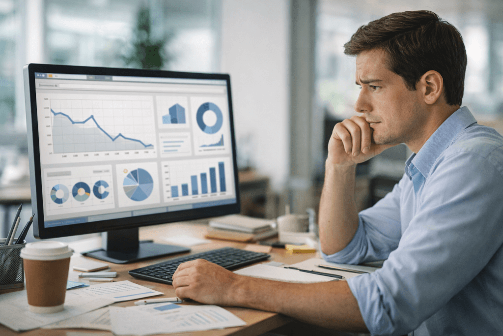Professional reviewing organized marketing dashboard with rising growth charts and positive ROI metrics in modern Oakville office.
