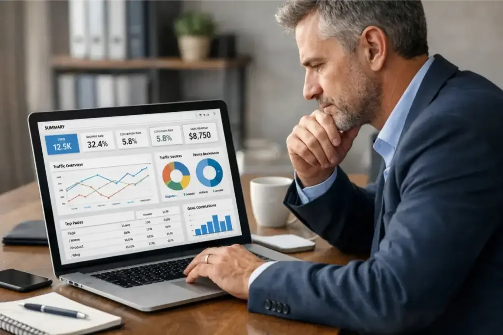 Man analyzing data on laptop screen.