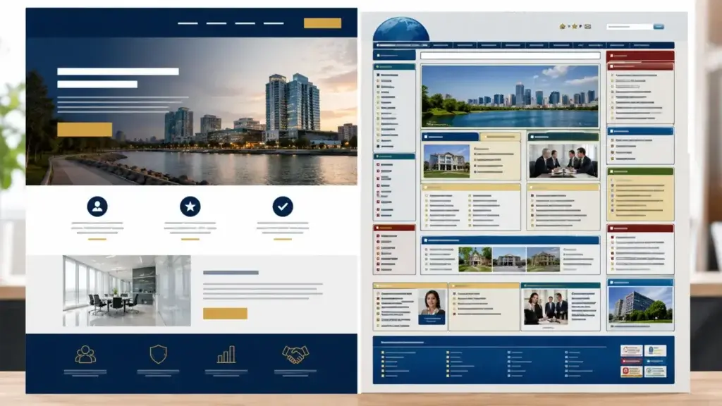 A split-screen comparison showing a modern Oakville business website beside an outdated and crowded website.