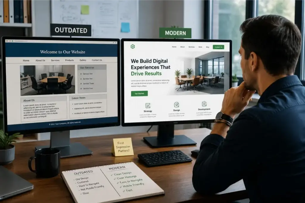 A business owner looking at an outdated website on one monitor and a clean, modern redesign on another