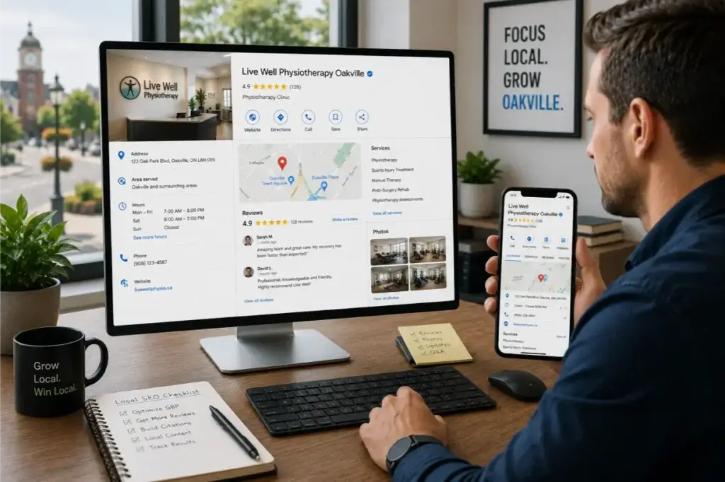 Business owner reviewing a professional local business profile on a desktop monitor and smartphone, showing location, opening hours, reviews, photos, services, and map information in a clean interface.