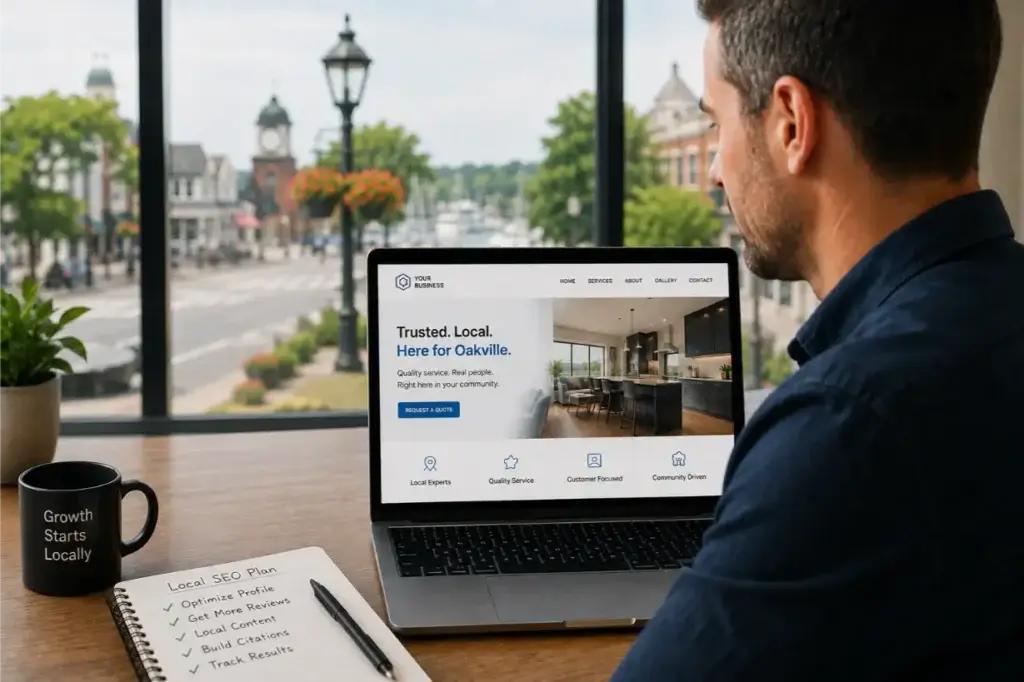 A business owner in Oakville looking at a smartphone showing a local Google-style map search with several nearby businesses, while a laptop displays the company's website. Include subtle visual references to Oakville without adding readable text.