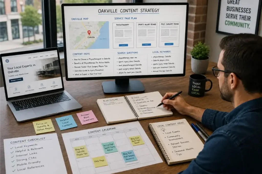 Marketing professional planning useful local website content with an Oakville map