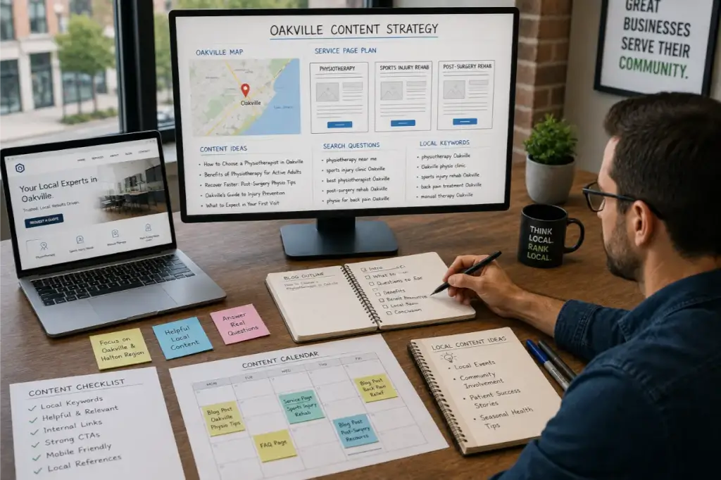 Marketing professional planning useful local website content with an Oakville map