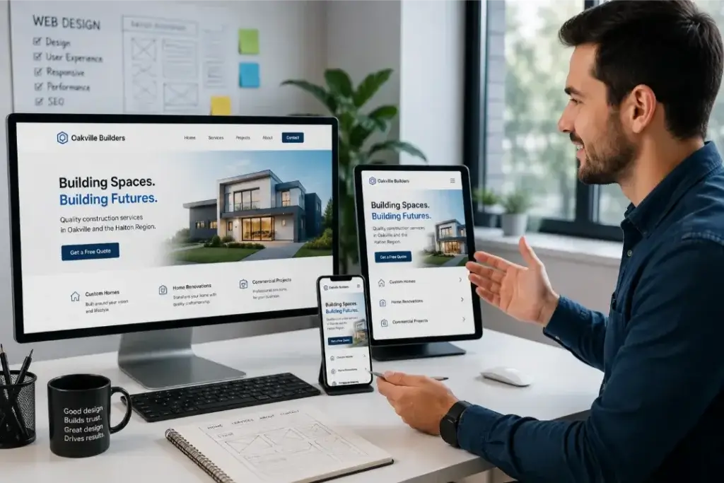 A modern web designer presenting a clean business website on a large monitor while the same responsive layout is displayed on a tablet and smartphone in a bright contemporary office