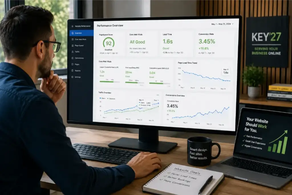 A professional reviewing website speed metrics, Core Web Vitals, loading performance, and conversion analytics on a modern dashboard with upward trend charts.