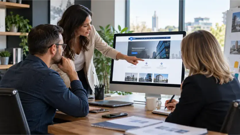 Business owners comparing a B2B website redesign before and after