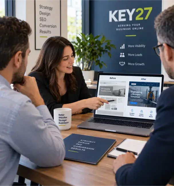 B2B team reviewing a website redesign strategy with a digital agency