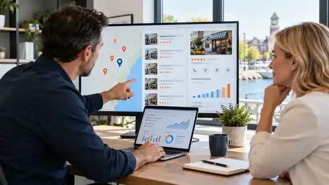Oakville business owner reviewing local search visibility with a digital marketing consultant