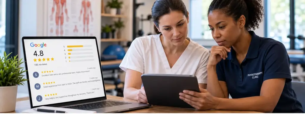 Physiotherapy clinic owner reviewing Google ratings and online reputation