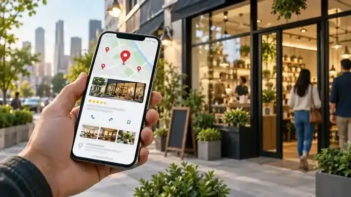 Customer discovering a local business through mobile search and map results